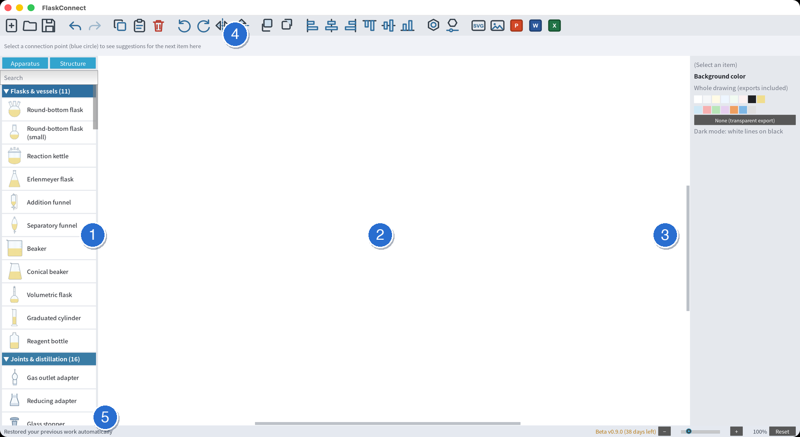 The FlaskConnect window: palette on the left, canvas in the middle, property panel on the right