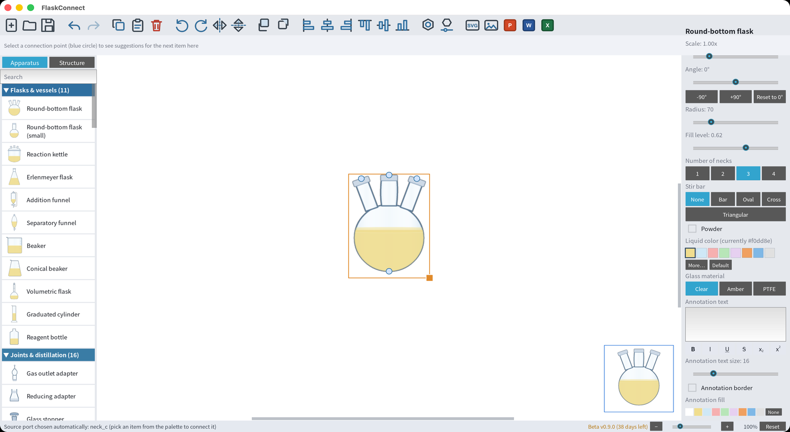 An item selected, with fill level and color being changed in the property panel